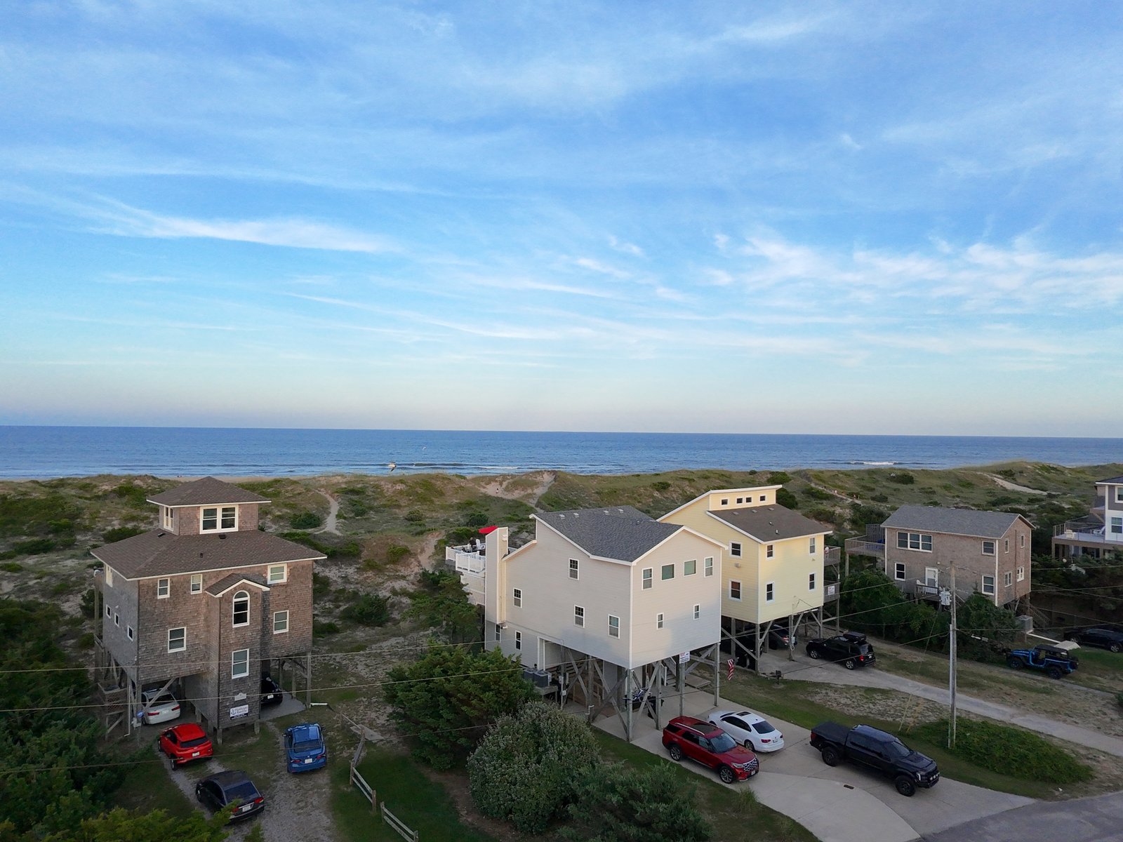 Aerial view of the oceanfront beach house on the dunes in Avon, NC