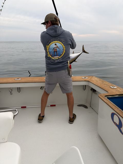 A blackfin tuna swung over the rail