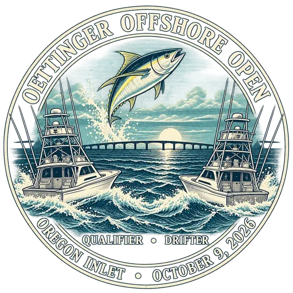 Oettinger Offshore Open badge: a tuna leaping between two sportfishing boats, Oregon Inlet, October 9, 2026