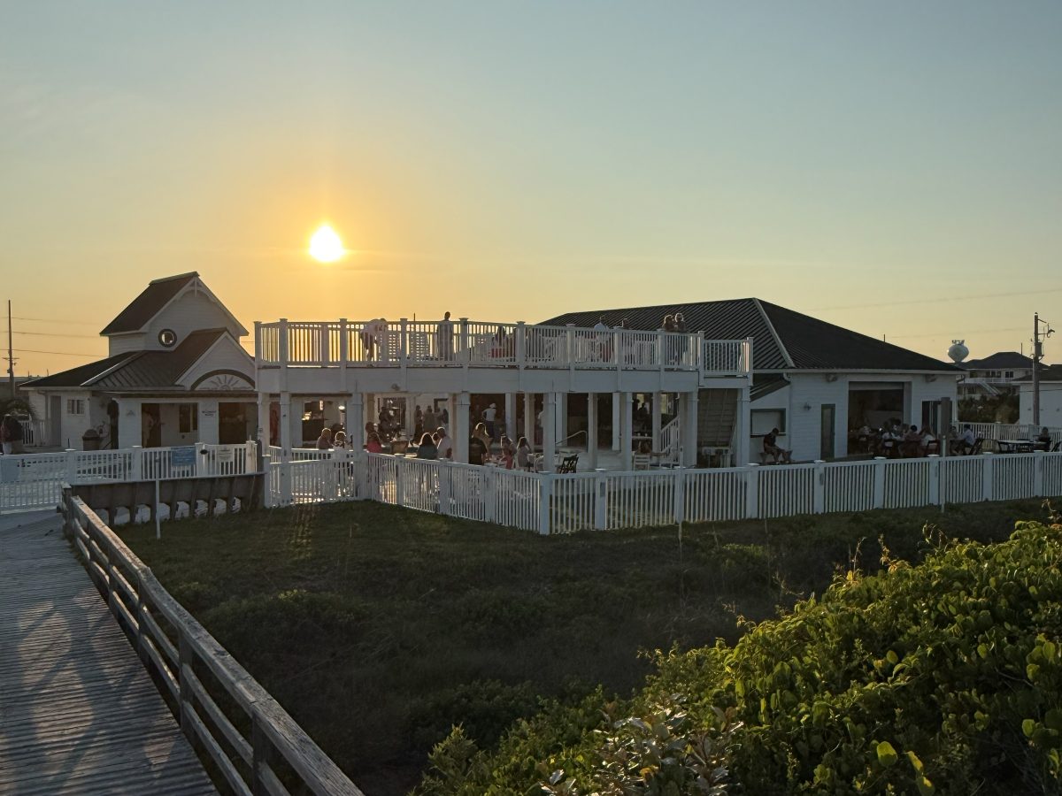 The pier's oceanfront restaurant and rooftop deck glowing at sunset